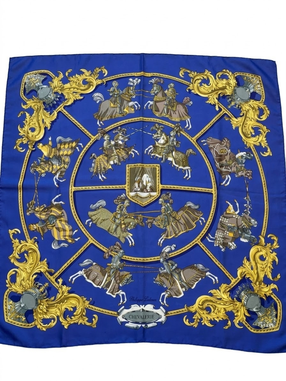 VTG Hermès Silk Scarf 90 "Chevalerie" by Philippe Ledoux Royal Blue & Gold
